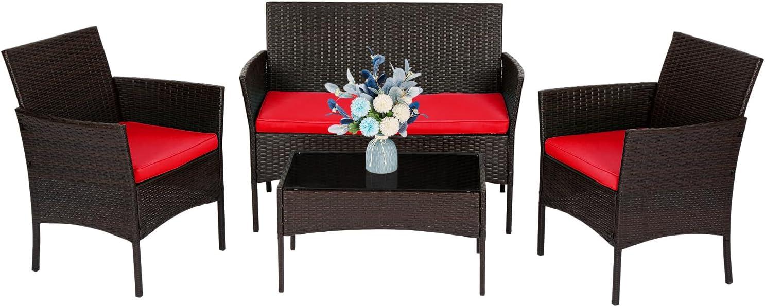 image:imageFDW 4Piece Patio Furniture Set Black Outdoor Wicker Furniture with Coffee Table Modern Rattan Chairs Conversation Set Outdoor Seating WeatherResistant for Porch Garden LawnBrown and Red