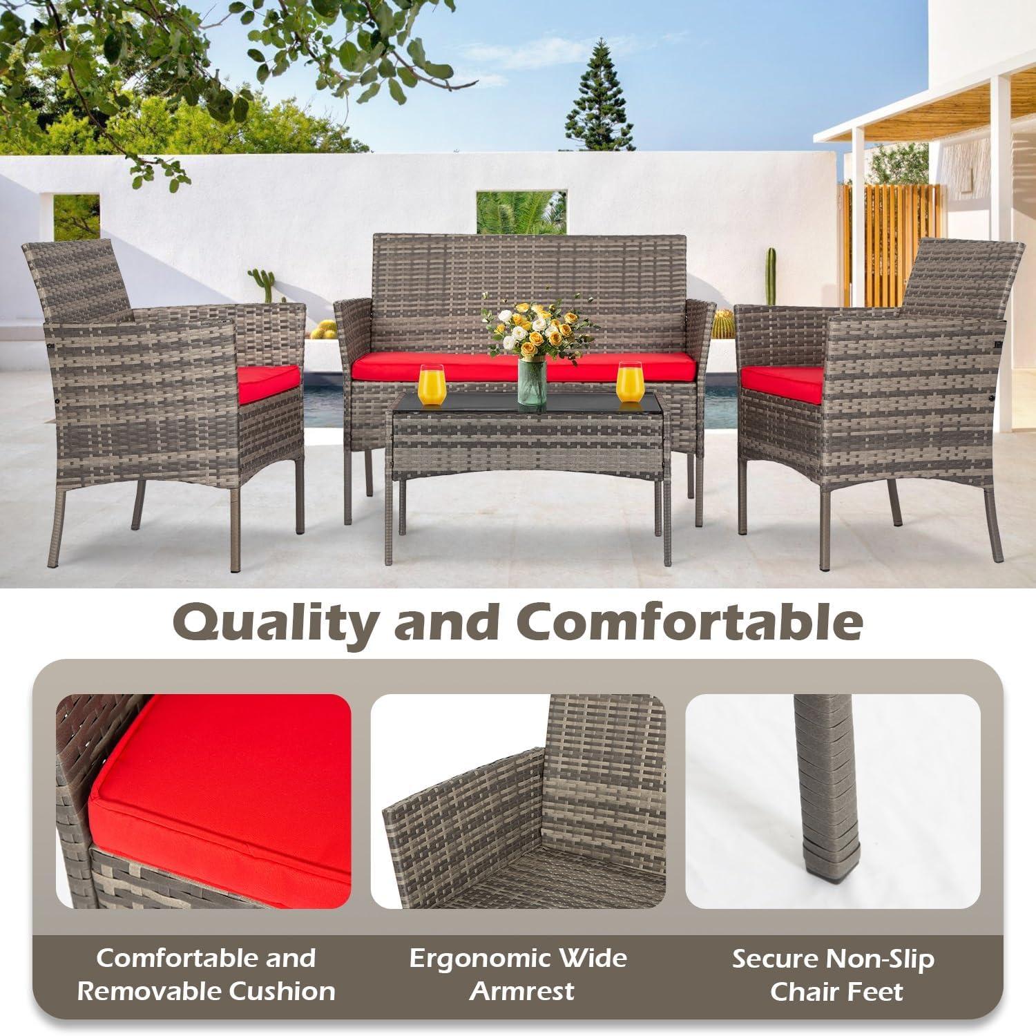 image:imageFDW 4Piece Patio Furniture Set Black Outdoor Wicker Furniture with Coffee Table Modern Rattan Chairs Conversation Set Outdoor Seating WeatherResistant for Porch Garden LawnGray and Red