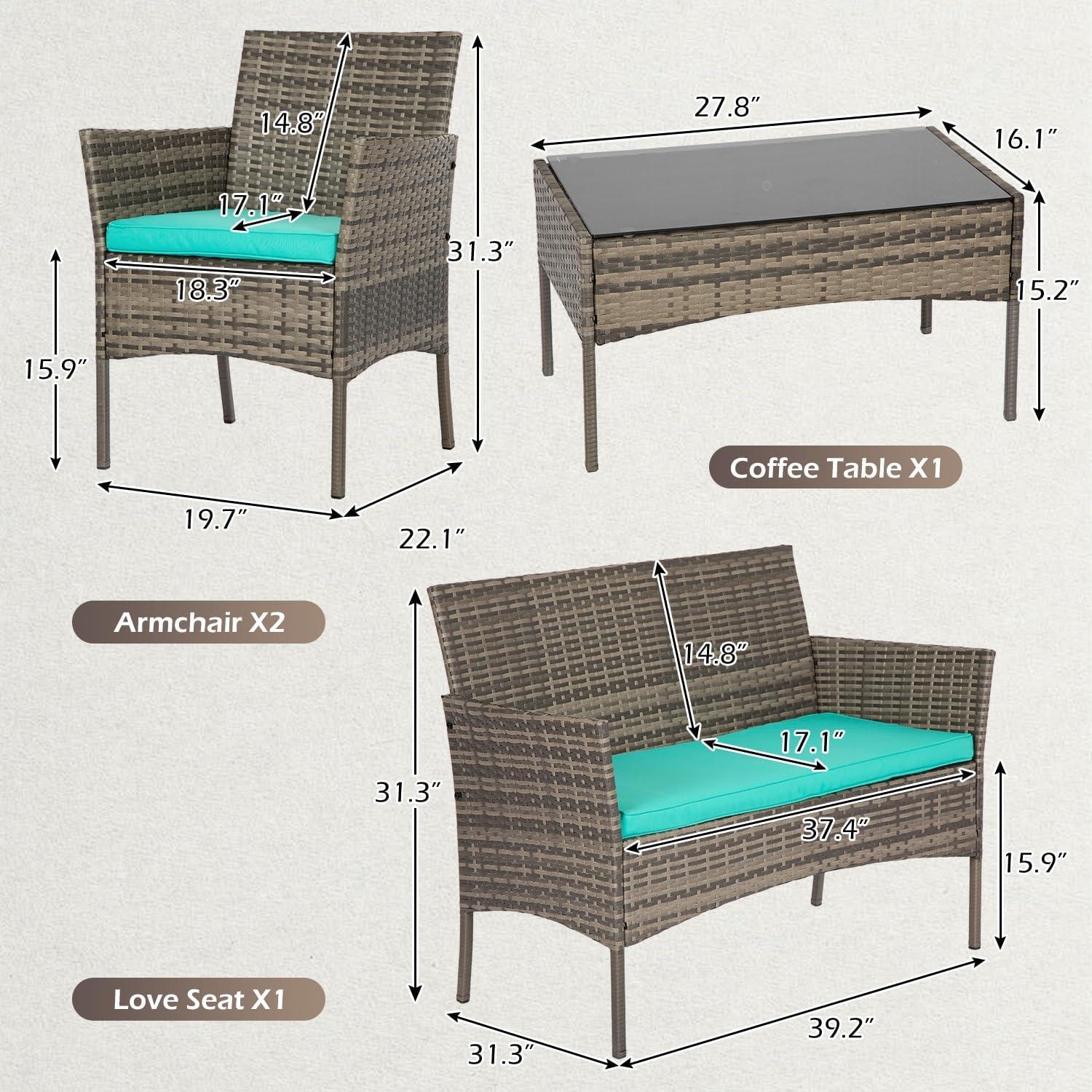 image:imageFDW 4Piece Patio Furniture Set Black Outdoor Wicker Furniture with Coffee Table Modern Rattan Chairs Conversation Set Outdoor Seating WeatherResistant for Porch Garden LawnGray and Blue