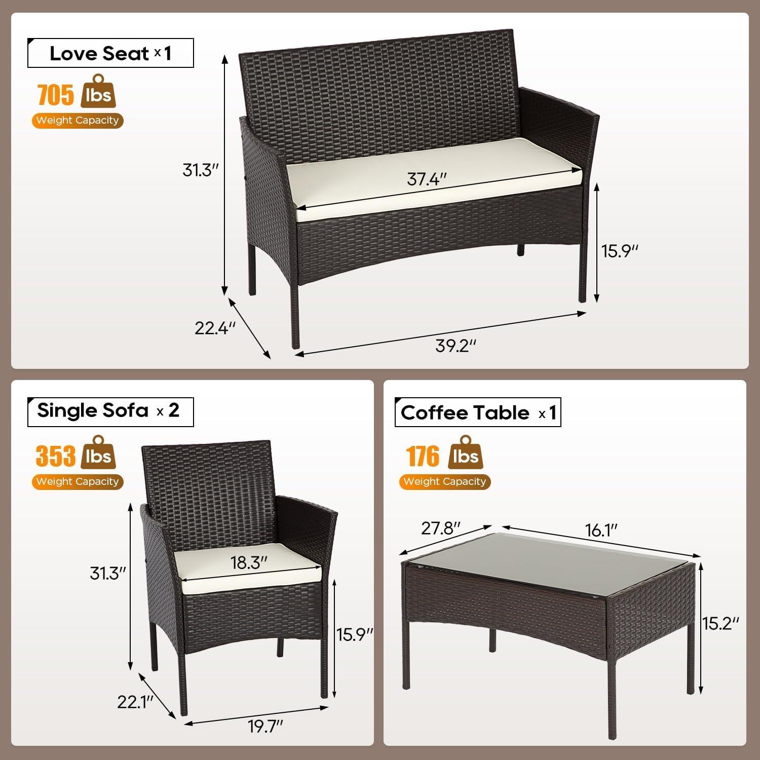 image:imageFDW 4Piece Patio Furniture Set Black Outdoor Wicker Furniture with Coffee Table Modern Rattan Chairs Conversation Set Outdoor Seating WeatherResistant for Porch Garden LawnBrown