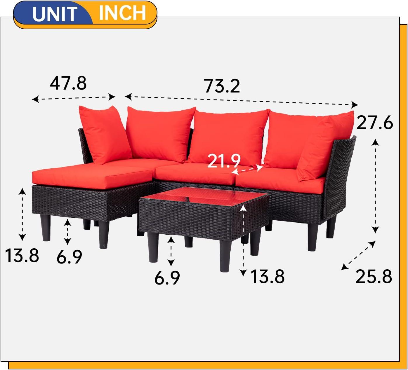 image:imageFDW 4Piece Patio Furniture Set Black Outdoor Wicker Furniture with Coffee Table Modern Rattan Chairs Conversation Set Outdoor Seating WeatherResistant for Porch Garden LawnRed