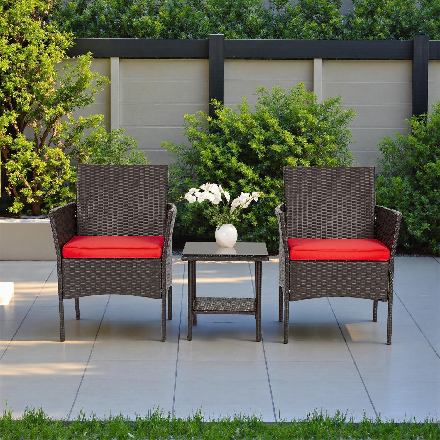image:imageFDW 4Piece Patio Furniture Set Black Outdoor Wicker Furniture with Coffee Table Modern Rattan Chairs Conversation Set Outdoor Seating WeatherResistant for Porch Garden LawnBrown and Red