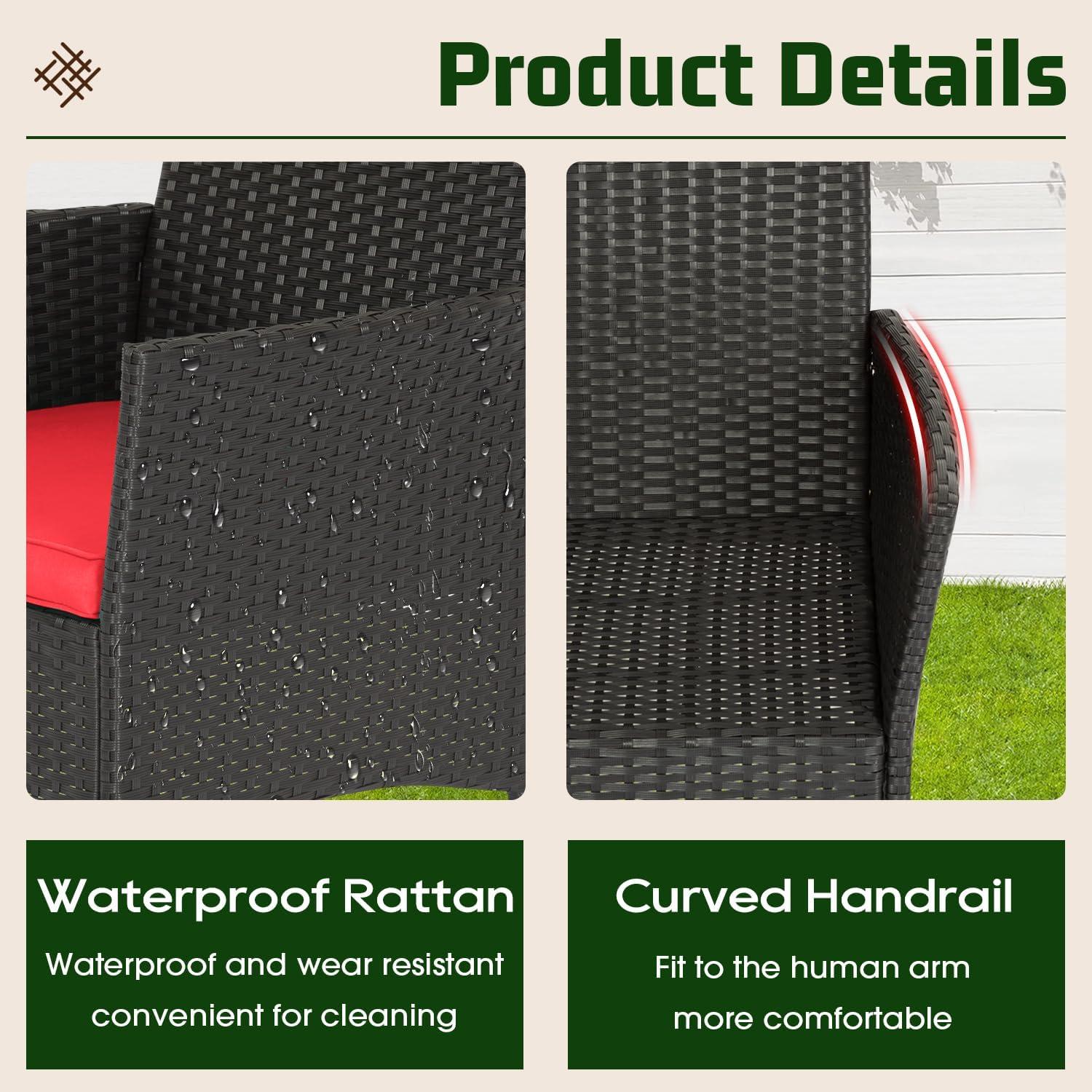 image:imageFDW 4Piece Patio Furniture Set Black Outdoor Wicker Furniture with Coffee Table Modern Rattan Chairs Conversation Set Outdoor Seating WeatherResistant for Porch Garden LawnRed
