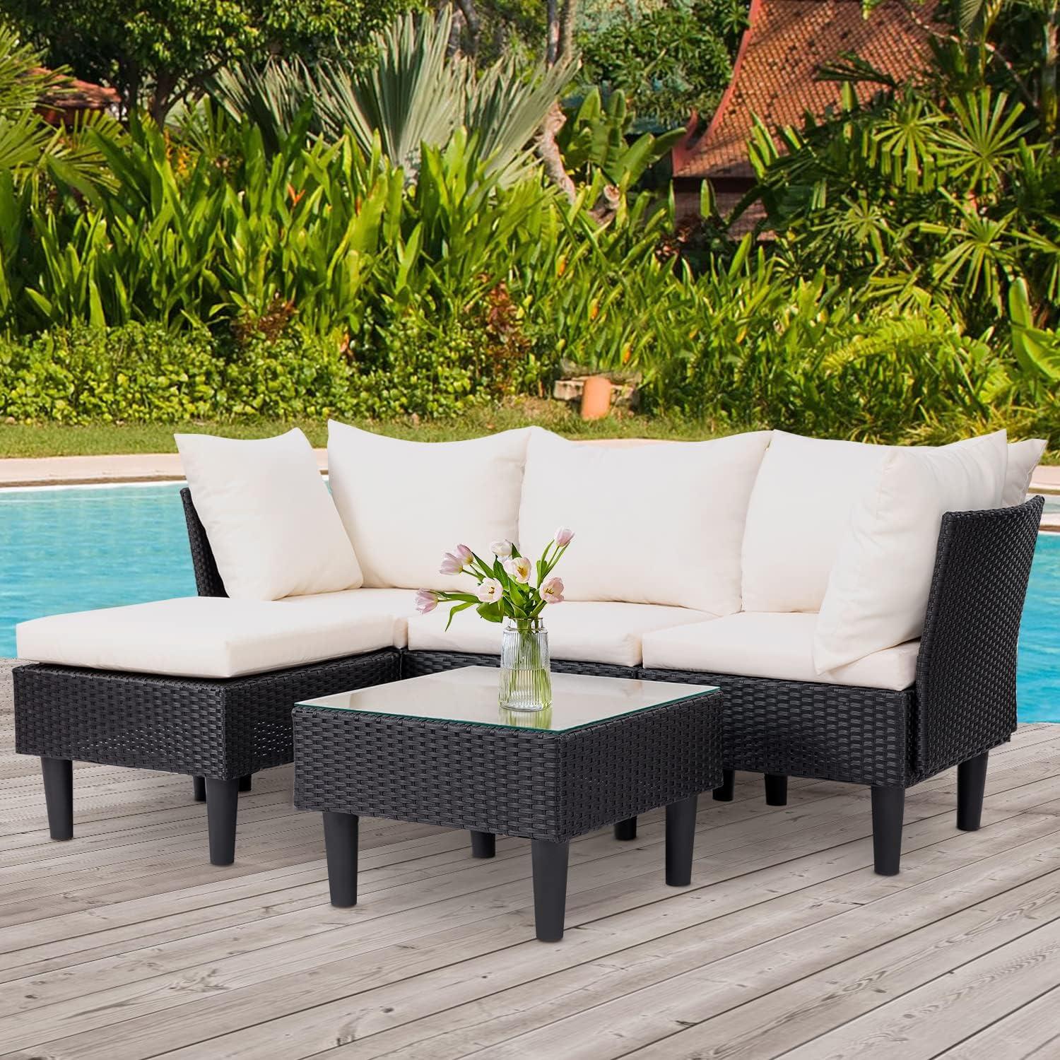 image:imageFDW 4Piece Patio Furniture Set Black Outdoor Wicker Furniture with Coffee Table Modern Rattan Chairs Conversation Set Outdoor Seating WeatherResistant for Porch Garden LawnKhaki