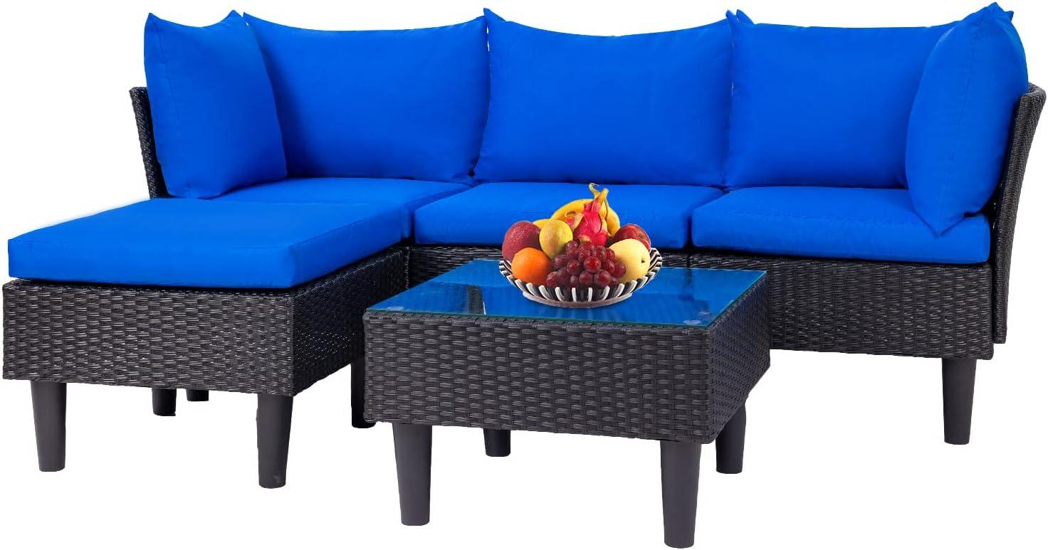 image:imageFDW 4Piece Patio Furniture Set Black Outdoor Wicker Furniture with Coffee Table Modern Rattan Chairs Conversation Set Outdoor Seating WeatherResistant for Porch Garden LawnBlue