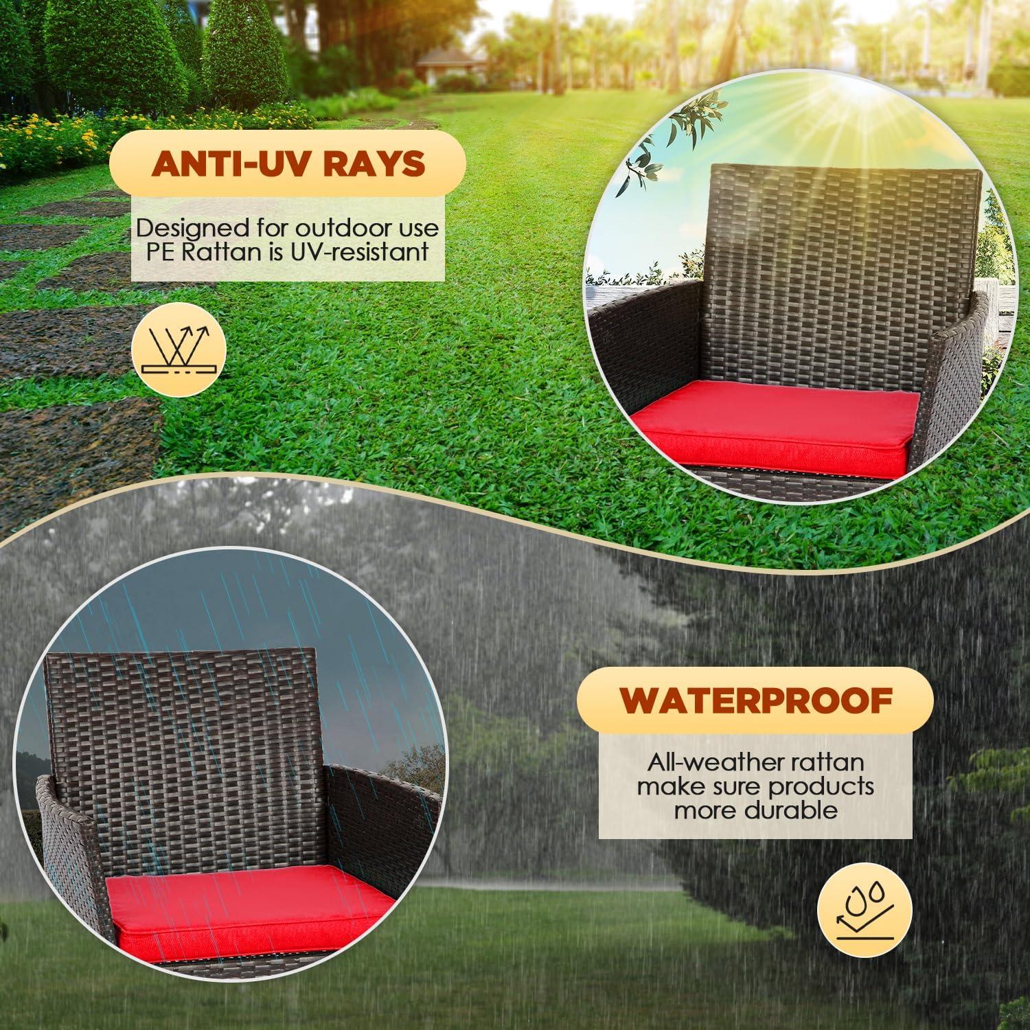 image:imageFDW 4Piece Patio Furniture Set Black Outdoor Wicker Furniture with Coffee Table Modern Rattan Chairs Conversation Set Outdoor Seating WeatherResistant for Porch Garden LawnBrown and Red