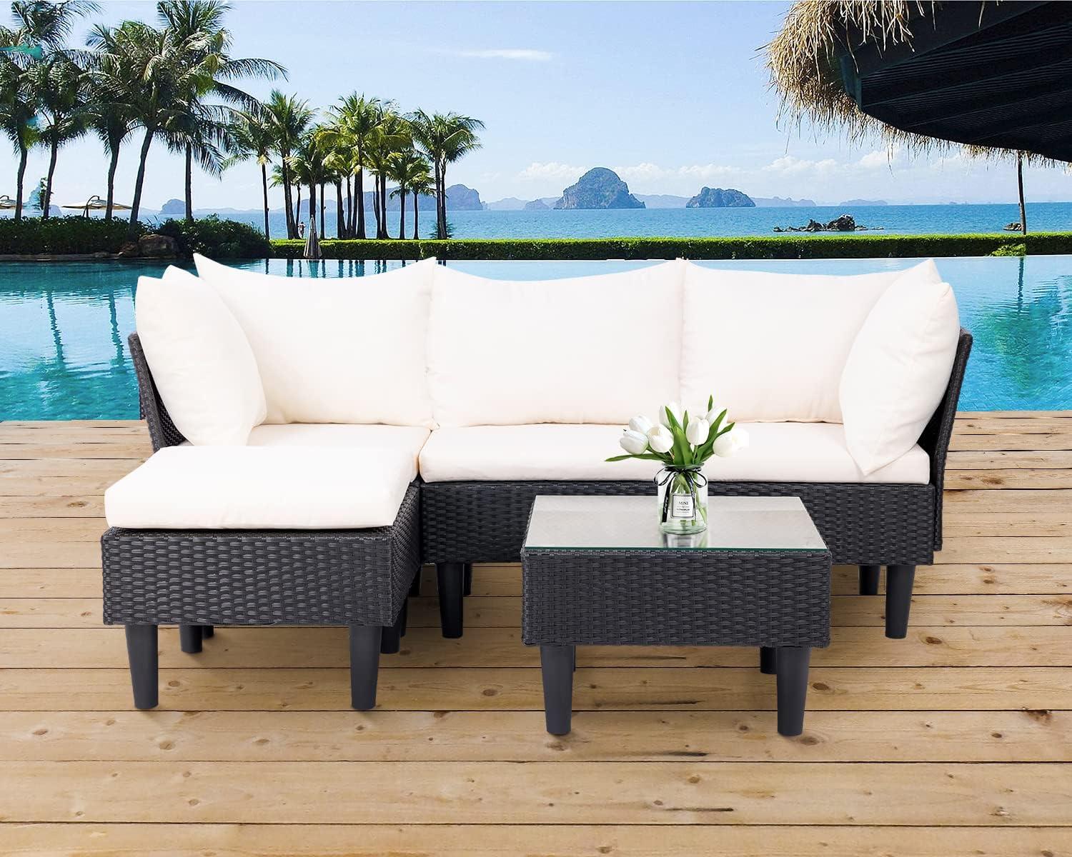 image:imageFDW 4Piece Patio Furniture Set Black Outdoor Wicker Furniture with Coffee Table Modern Rattan Chairs Conversation Set Outdoor Seating WeatherResistant for Porch Garden LawnKhaki