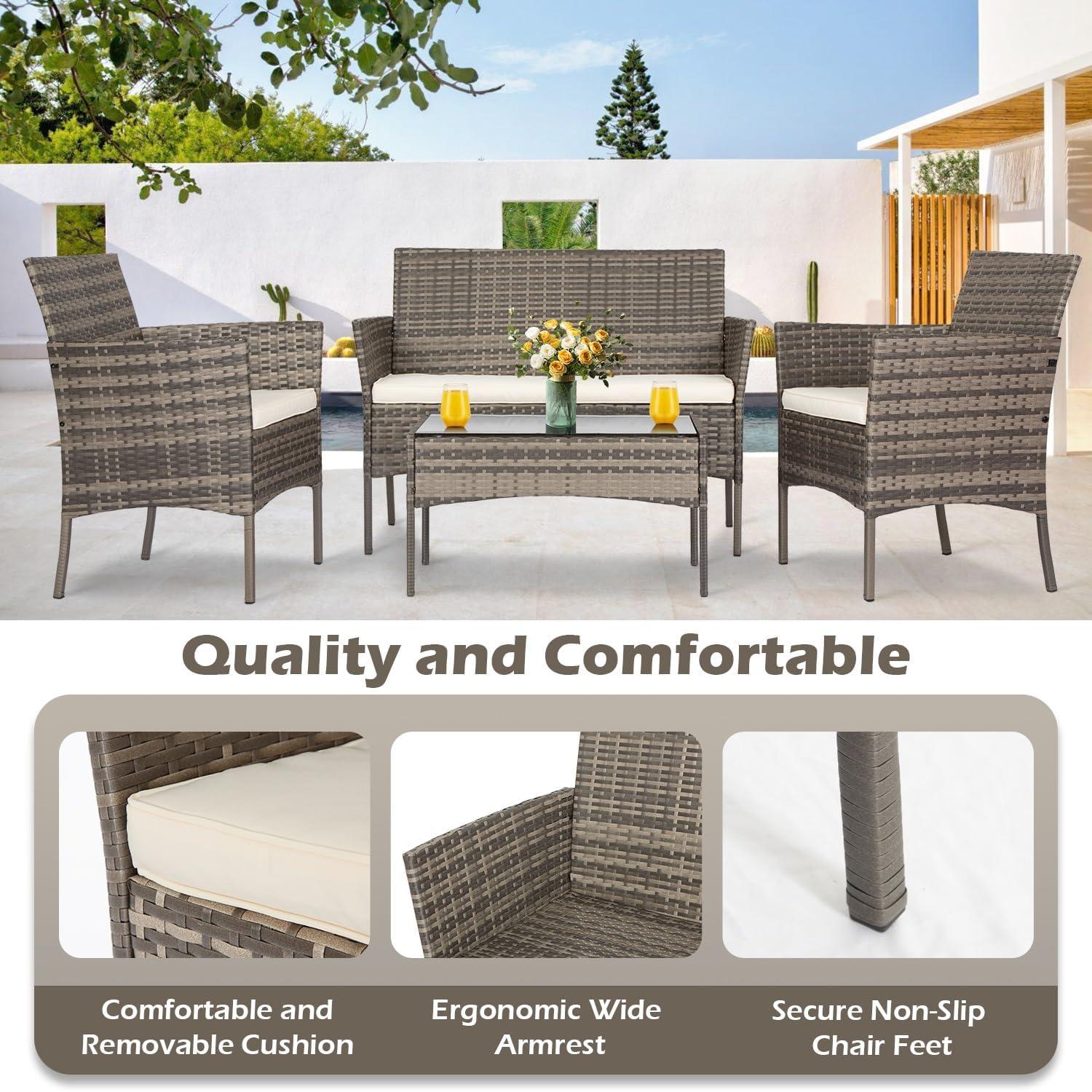image:imageFDW 4Piece Patio Furniture Set Black Outdoor Wicker Furniture with Coffee Table Modern Rattan Chairs Conversation Set Outdoor Seating WeatherResistant for Porch Garden LawnGray and Khaki