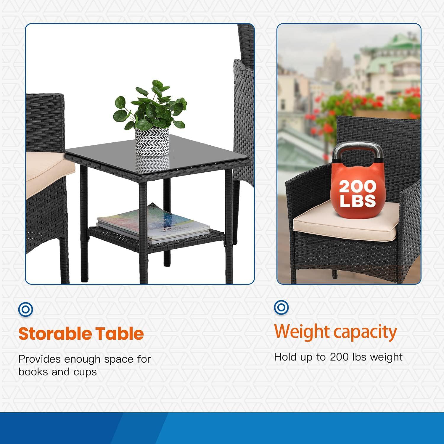 image:imageFDW 4Piece Patio Furniture Set Black Outdoor Wicker Furniture with Coffee Table Modern Rattan Chairs Conversation Set Outdoor Seating WeatherResistant for Porch Garden LawnBlack