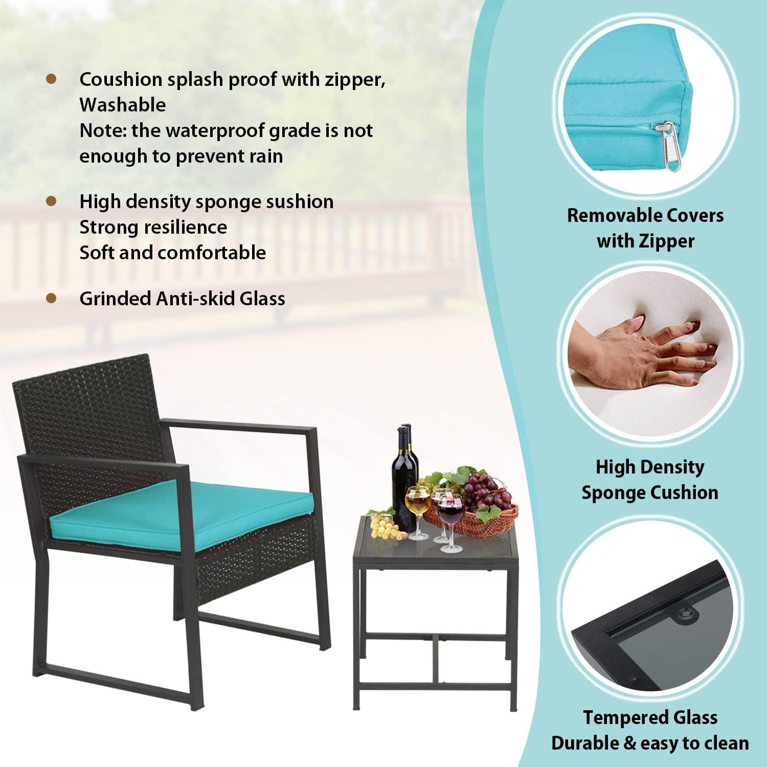 image:imageFDW 4Piece Patio Furniture Set Black Outdoor Wicker Furniture with Coffee Table Modern Rattan Chairs Conversation Set Outdoor Seating WeatherResistant for Porch Garden LawnBlue