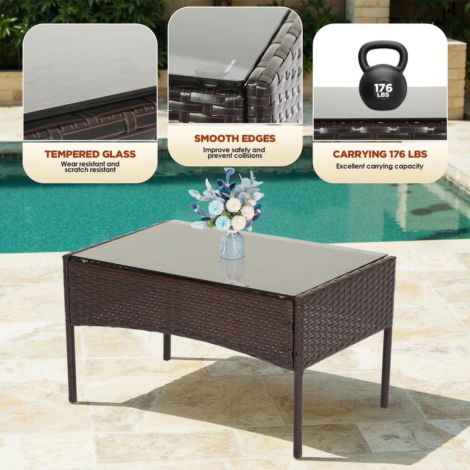 image:imageFDW 4Piece Patio Furniture Set Black Outdoor Wicker Furniture with Coffee Table Modern Rattan Chairs Conversation Set Outdoor Seating WeatherResistant for Porch Garden LawnBrown and Blue