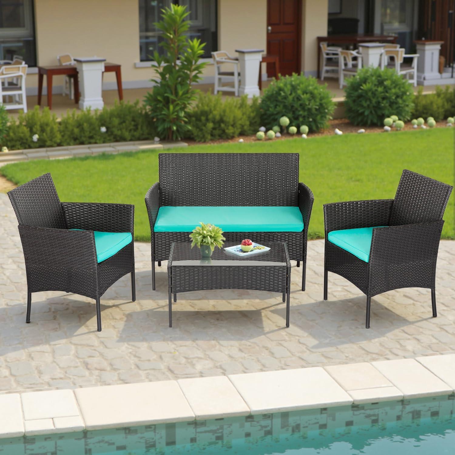 image:imageFDW 4Piece Patio Furniture Set Black Outdoor Wicker Furniture with Coffee Table Modern Rattan Chairs Conversation Set Outdoor Seating WeatherResistant for Porch Garden LawnBlue