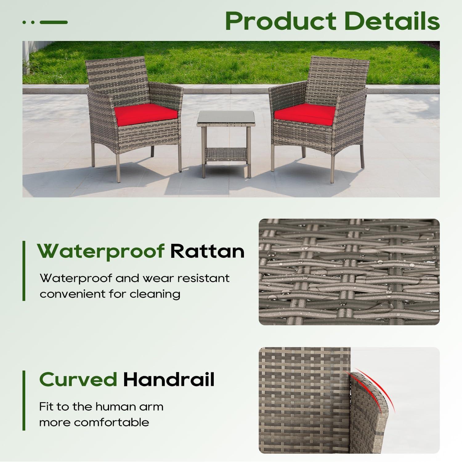 image:imageFDW 4Piece Patio Furniture Set Black Outdoor Wicker Furniture with Coffee Table Modern Rattan Chairs Conversation Set Outdoor Seating WeatherResistant for Porch Garden LawnGray and Red