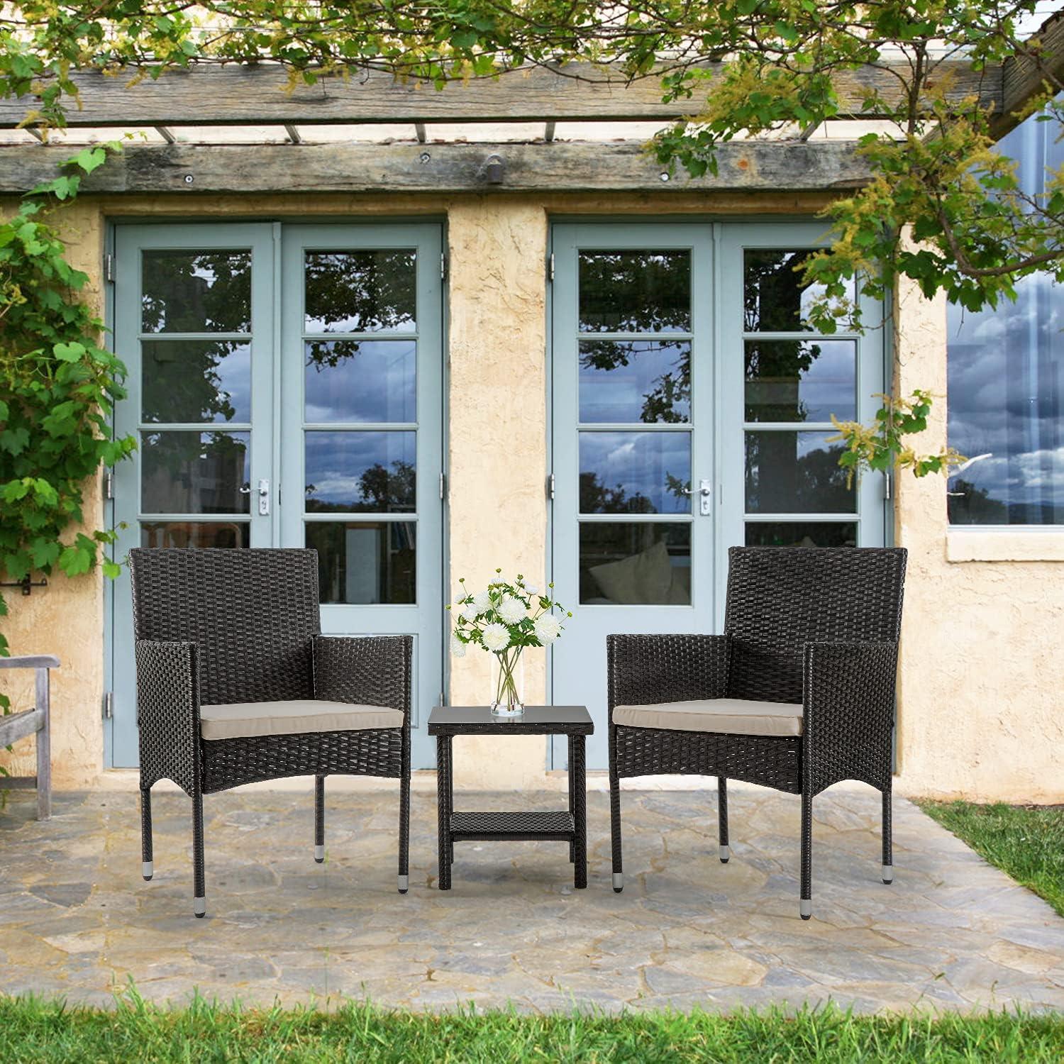 image:imageFDW 4Piece Patio Furniture Set Black Outdoor Wicker Furniture with Coffee Table Modern Rattan Chairs Conversation Set Outdoor Seating WeatherResistant for Porch Garden LawnBlack