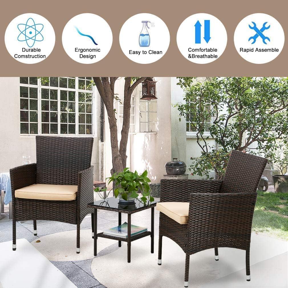 image:imageFDW 4Piece Patio Furniture Set Black Outdoor Wicker Furniture with Coffee Table Modern Rattan Chairs Conversation Set Outdoor Seating WeatherResistant for Porch Garden LawnBrown
