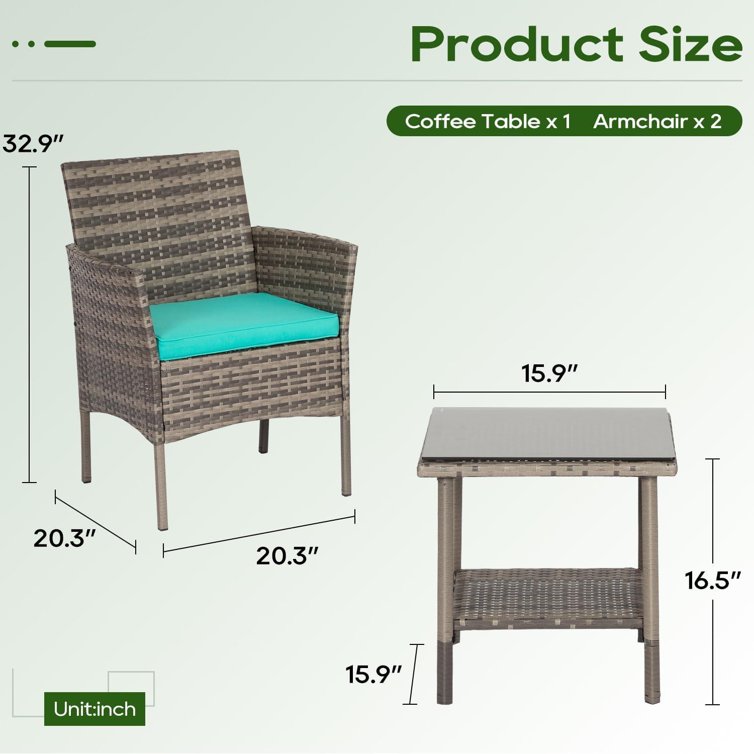 image:imageFDW 4Piece Patio Furniture Set Black Outdoor Wicker Furniture with Coffee Table Modern Rattan Chairs Conversation Set Outdoor Seating WeatherResistant for Porch Garden LawnGray and Blue