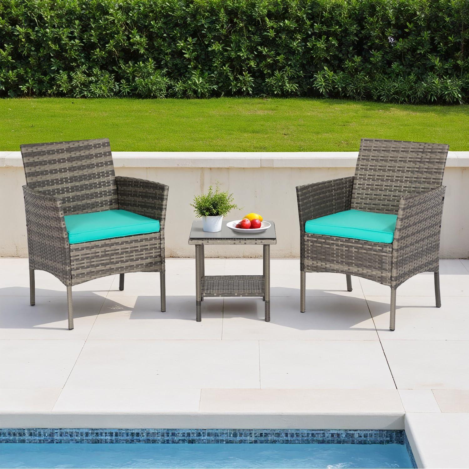 image:imageFDW 4Piece Patio Furniture Set Black Outdoor Wicker Furniture with Coffee Table Modern Rattan Chairs Conversation Set Outdoor Seating WeatherResistant for Porch Garden LawnGray and Blue