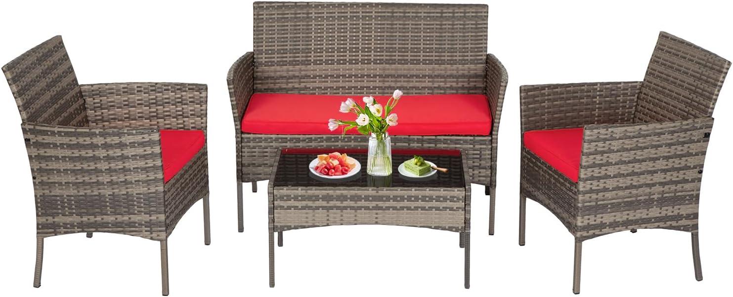 image:imageFDW 4Piece Patio Furniture Set Black Outdoor Wicker Furniture with Coffee Table Modern Rattan Chairs Conversation Set Outdoor Seating WeatherResistant for Porch Garden LawnGray and Red