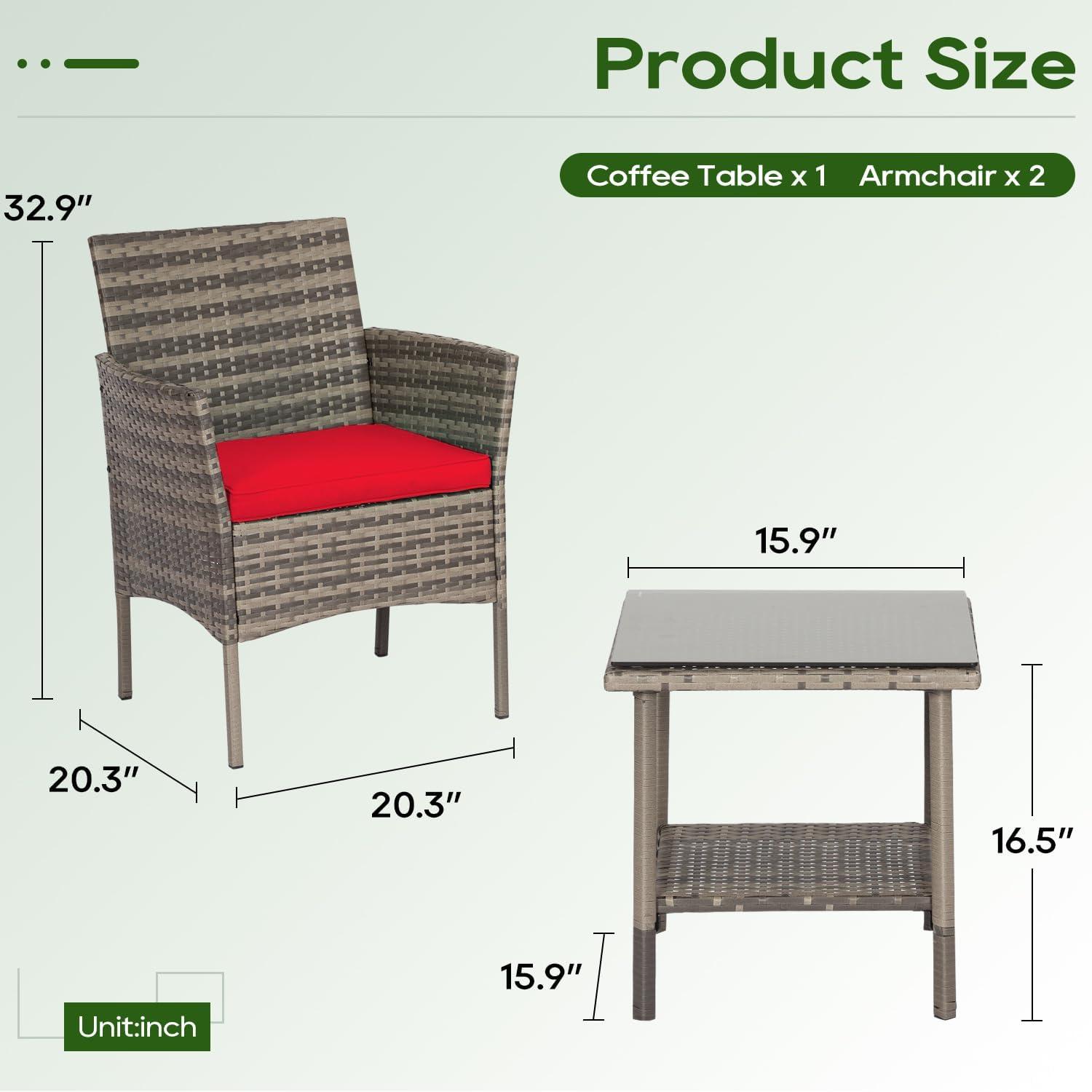 image:imageFDW 4Piece Patio Furniture Set Black Outdoor Wicker Furniture with Coffee Table Modern Rattan Chairs Conversation Set Outdoor Seating WeatherResistant for Porch Garden LawnGray and Red