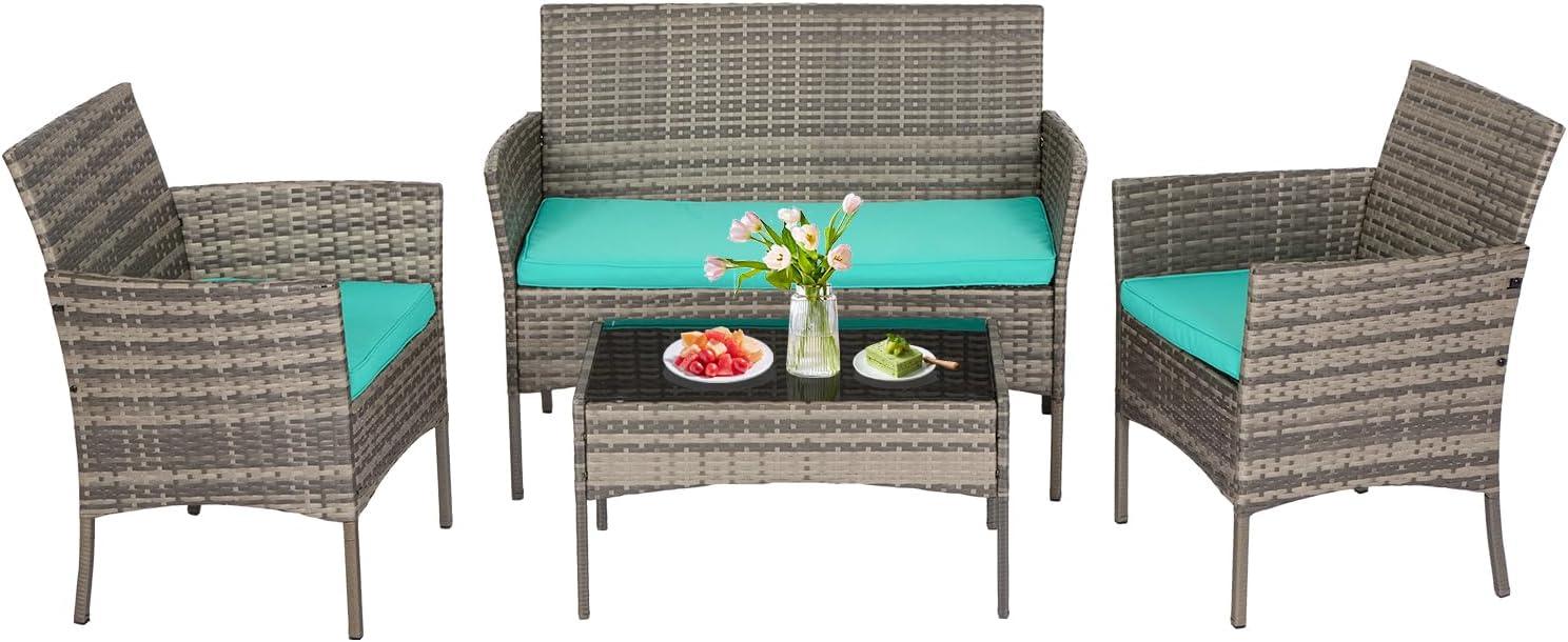 image:imageFDW 4Piece Patio Furniture Set Black Outdoor Wicker Furniture with Coffee Table Modern Rattan Chairs Conversation Set Outdoor Seating WeatherResistant for Porch Garden LawnGray and Blue