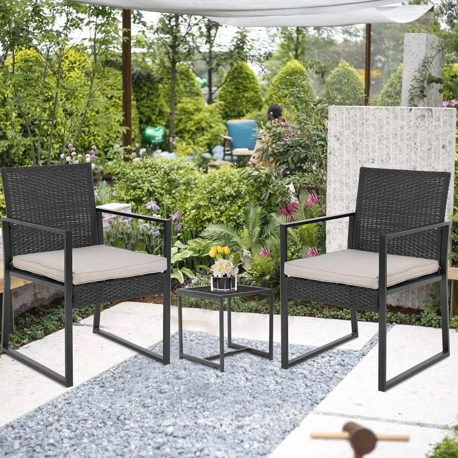 image:imageFDW 4Piece Patio Furniture Set Black Outdoor Wicker Furniture with Coffee Table Modern Rattan Chairs Conversation Set Outdoor Seating WeatherResistant for Porch Garden LawnKhaki