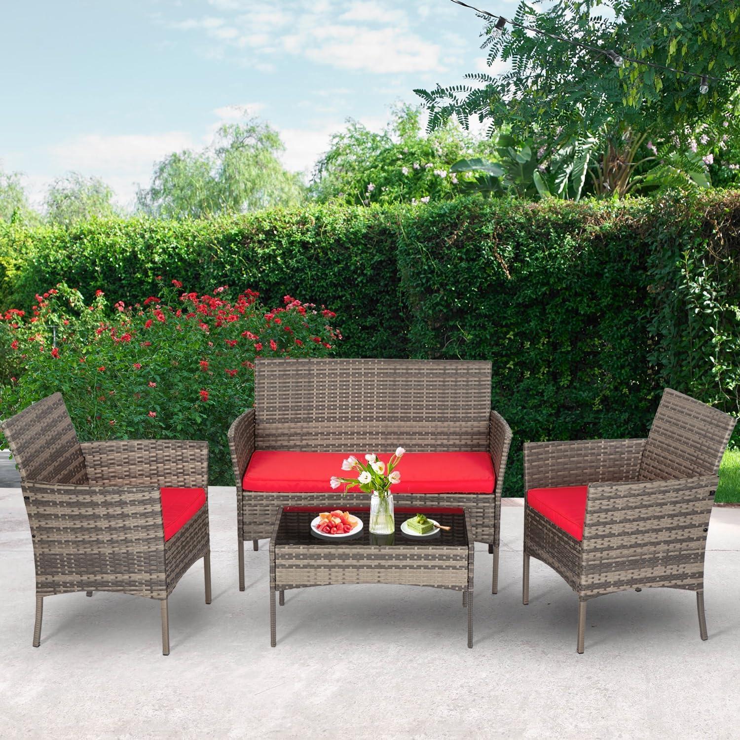 image:imageFDW 4Piece Patio Furniture Set Black Outdoor Wicker Furniture with Coffee Table Modern Rattan Chairs Conversation Set Outdoor Seating WeatherResistant for Porch Garden LawnGray and Red