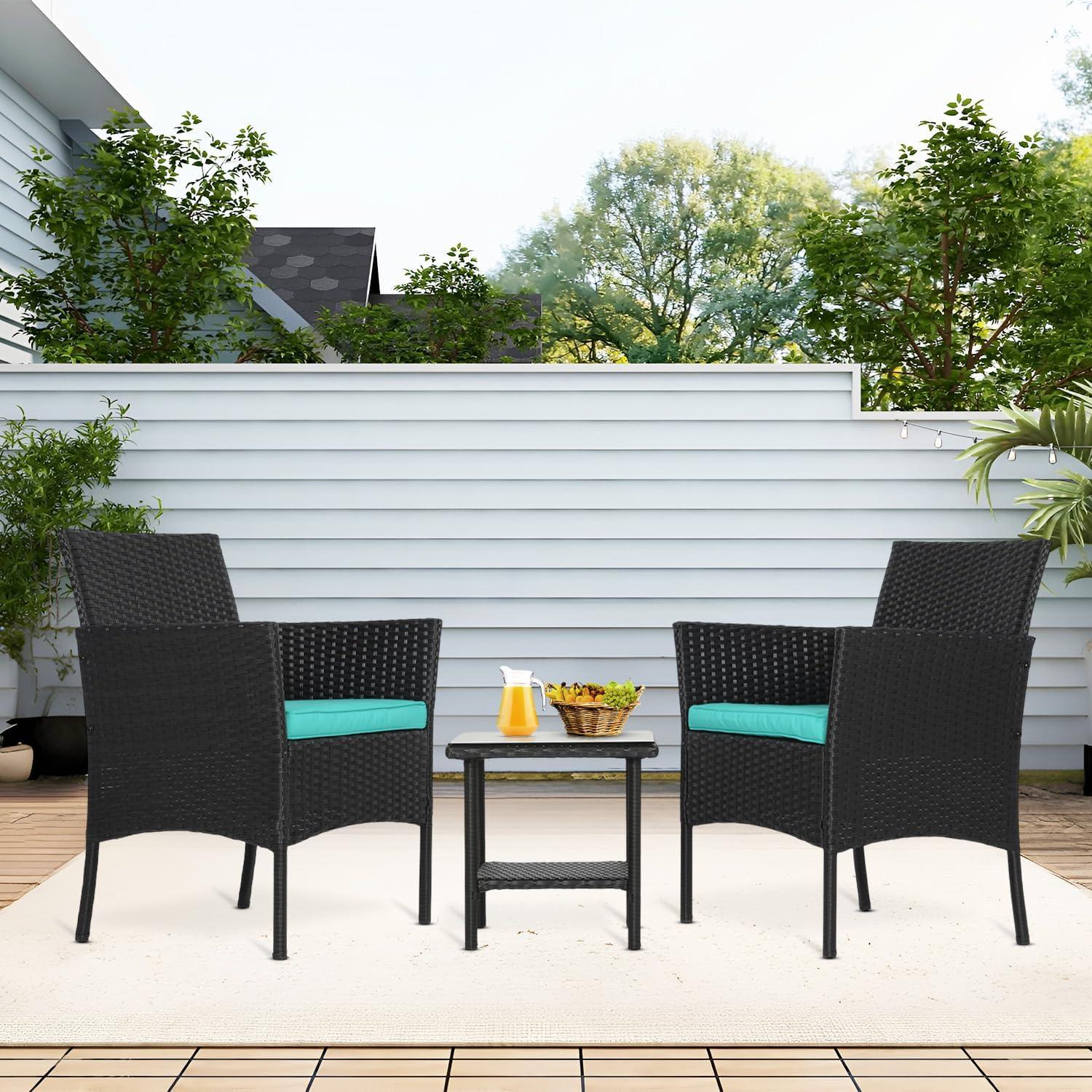 image:imageFDW 4Piece Patio Furniture Set Black Outdoor Wicker Furniture with Coffee Table Modern Rattan Chairs Conversation Set Outdoor Seating WeatherResistant for Porch Garden LawnBlue
