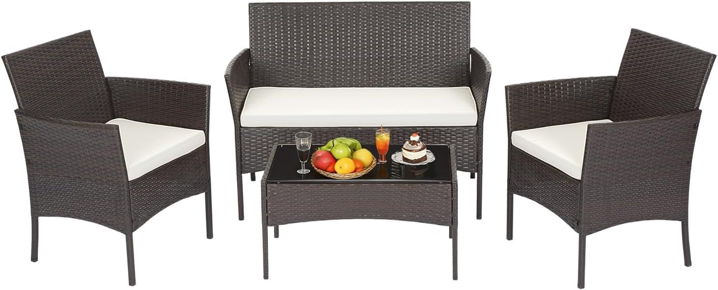 image:imageFDW 4Piece Patio Furniture Set Black Outdoor Wicker Furniture with Coffee Table Modern Rattan Chairs Conversation Set Outdoor Seating WeatherResistant for Porch Garden LawnBrown