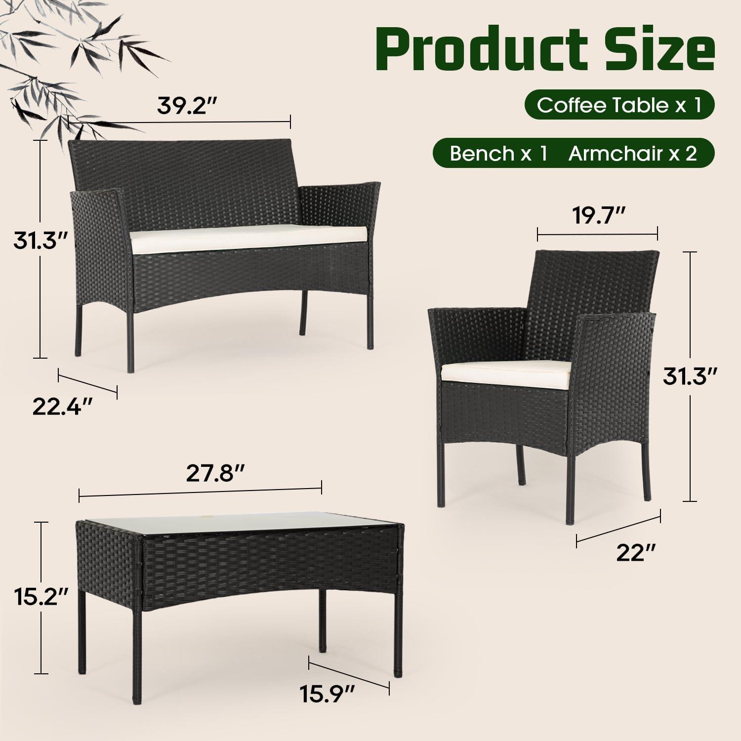 image:imageFDW 4Piece Patio Furniture Set Black Outdoor Wicker Furniture with Coffee Table Modern Rattan Chairs Conversation Set Outdoor Seating WeatherResistant for Porch Garden LawnBlack