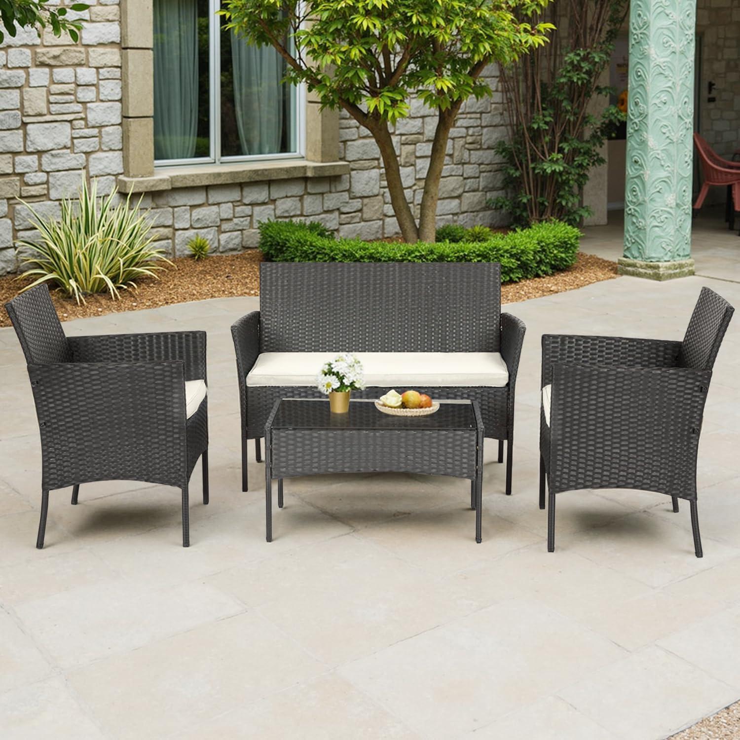 image:imageFDW 4Piece Patio Furniture Set Black Outdoor Wicker Furniture with Coffee Table Modern Rattan Chairs Conversation Set Outdoor Seating WeatherResistant for Porch Garden LawnBlack