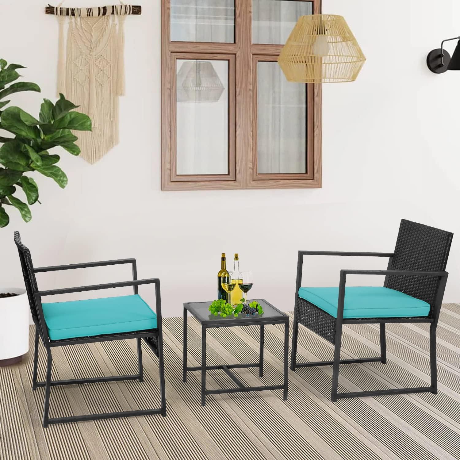 image:imageFDW 4Piece Patio Furniture Set Black Outdoor Wicker Furniture with Coffee Table Modern Rattan Chairs Conversation Set Outdoor Seating WeatherResistant for Porch Garden LawnBlue