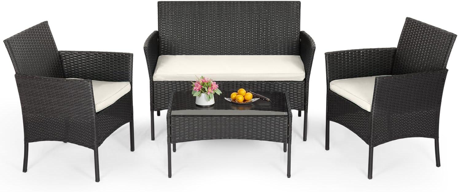image:imageFDW 4Piece Patio Furniture Set Black Outdoor Wicker Furniture with Coffee Table Modern Rattan Chairs Conversation Set Outdoor Seating WeatherResistant for Porch Garden LawnBlack