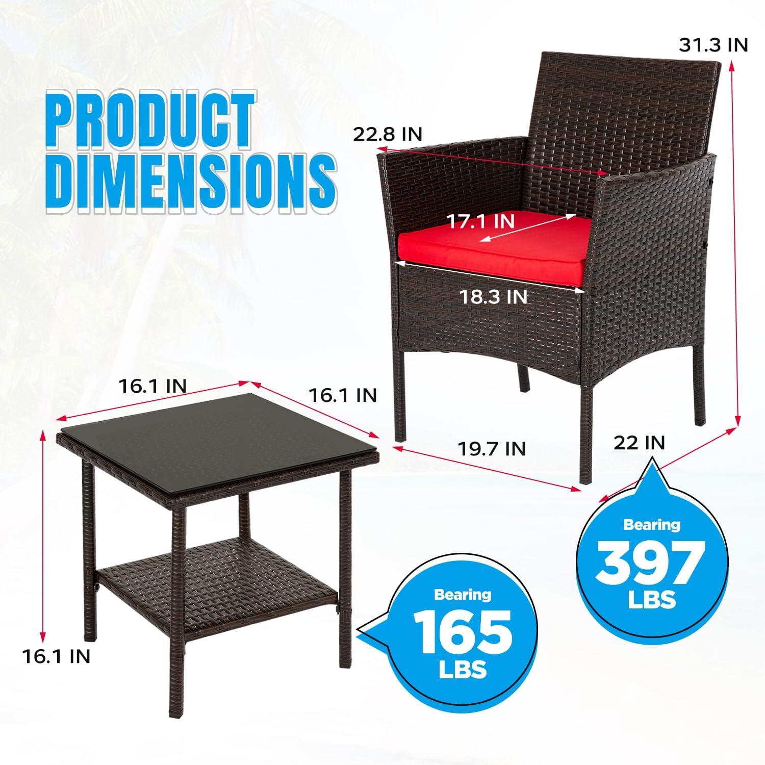 image:imageFDW 4Piece Patio Furniture Set Black Outdoor Wicker Furniture with Coffee Table Modern Rattan Chairs Conversation Set Outdoor Seating WeatherResistant for Porch Garden LawnBrown and Red
