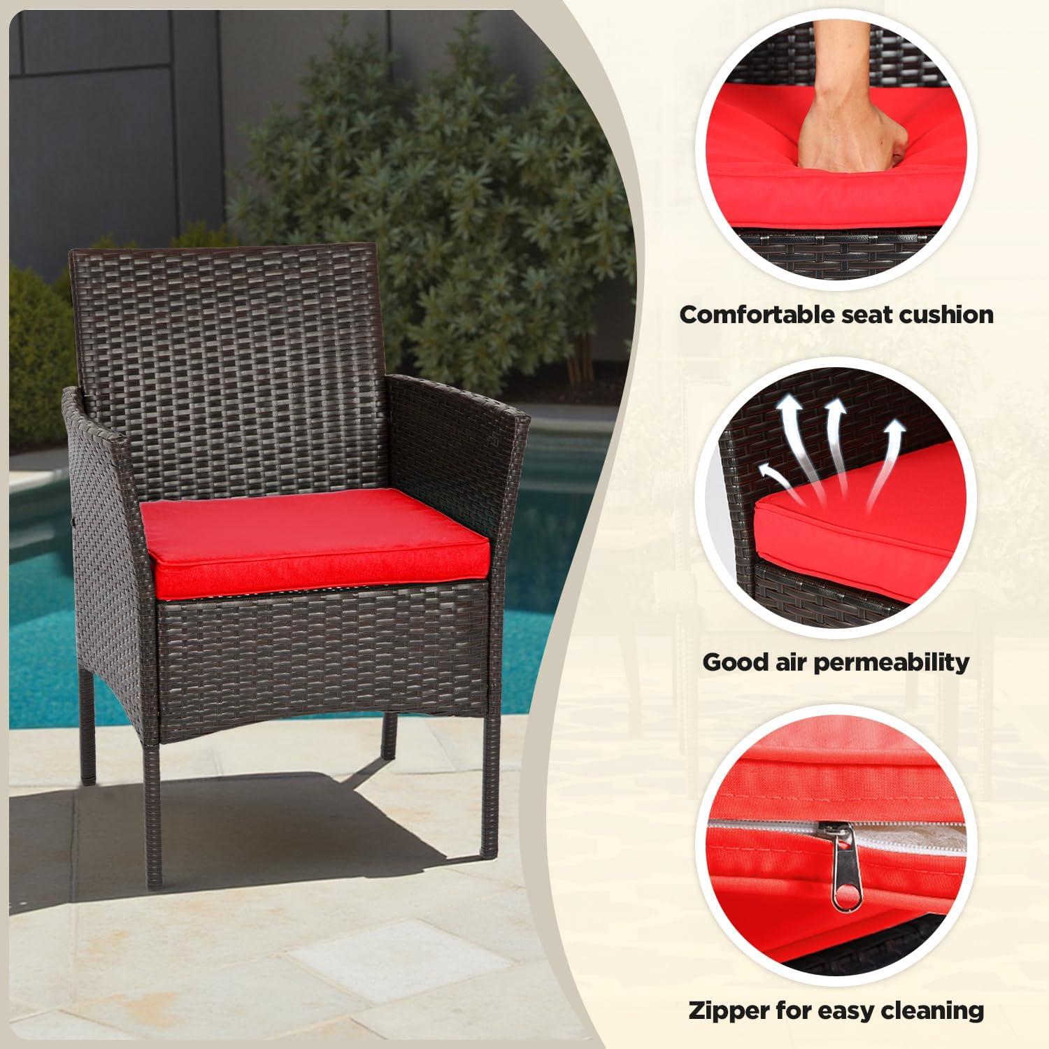 image:imageFDW 4Piece Patio Furniture Set Black Outdoor Wicker Furniture with Coffee Table Modern Rattan Chairs Conversation Set Outdoor Seating WeatherResistant for Porch Garden LawnBrown and Red