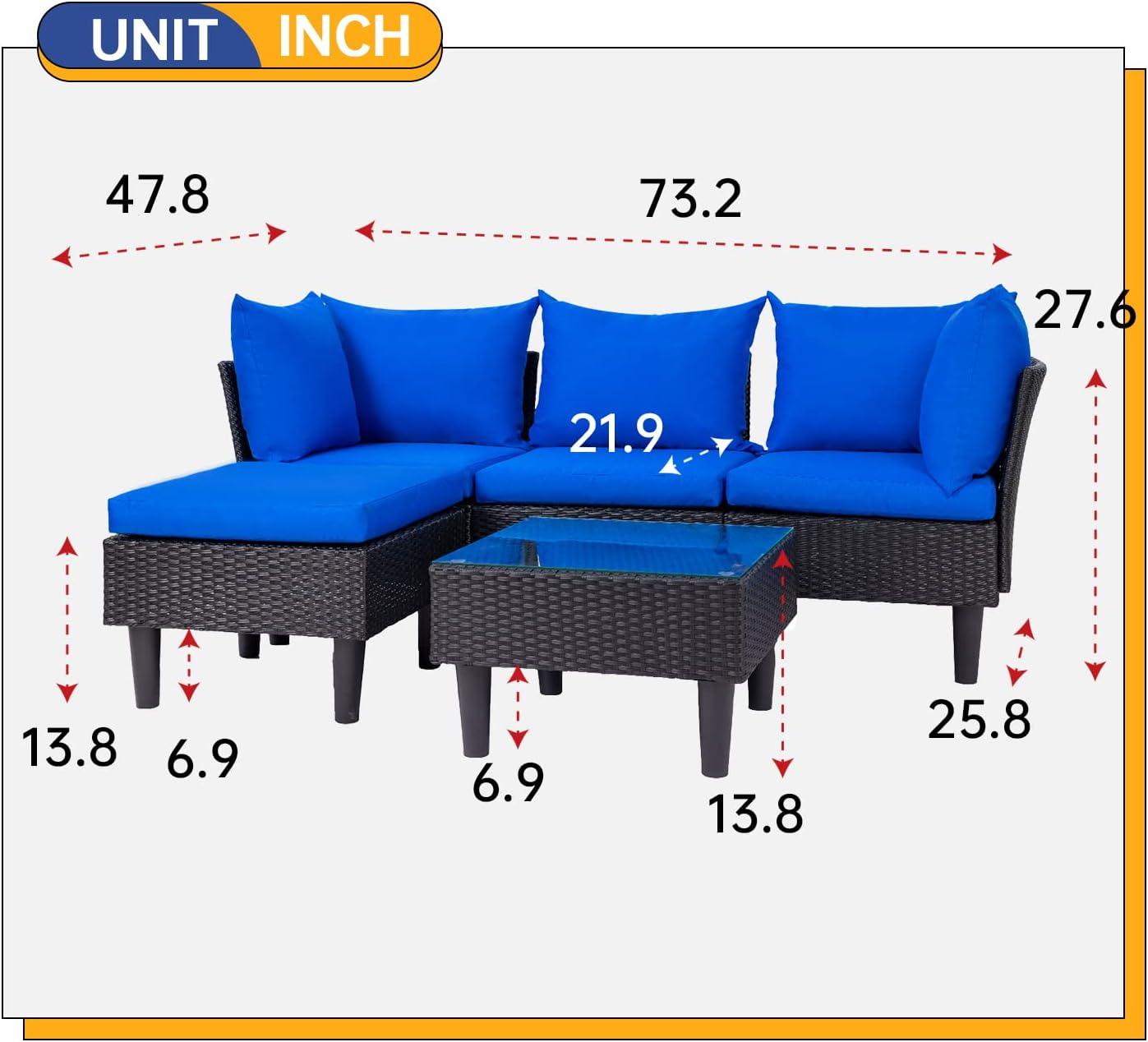 image:imageFDW 4Piece Patio Furniture Set Black Outdoor Wicker Furniture with Coffee Table Modern Rattan Chairs Conversation Set Outdoor Seating WeatherResistant for Porch Garden LawnBlue