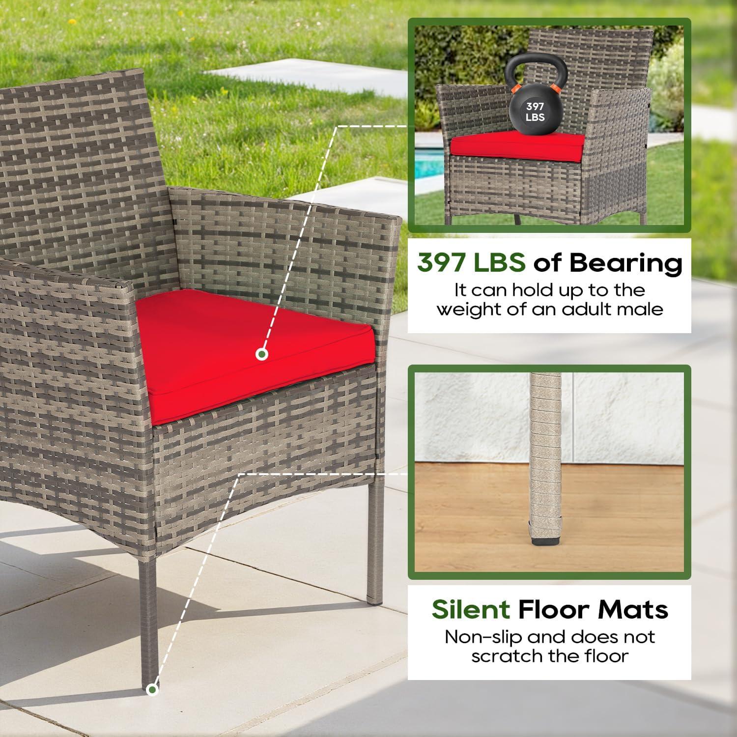 image:imageFDW 4Piece Patio Furniture Set Black Outdoor Wicker Furniture with Coffee Table Modern Rattan Chairs Conversation Set Outdoor Seating WeatherResistant for Porch Garden LawnGray and Red