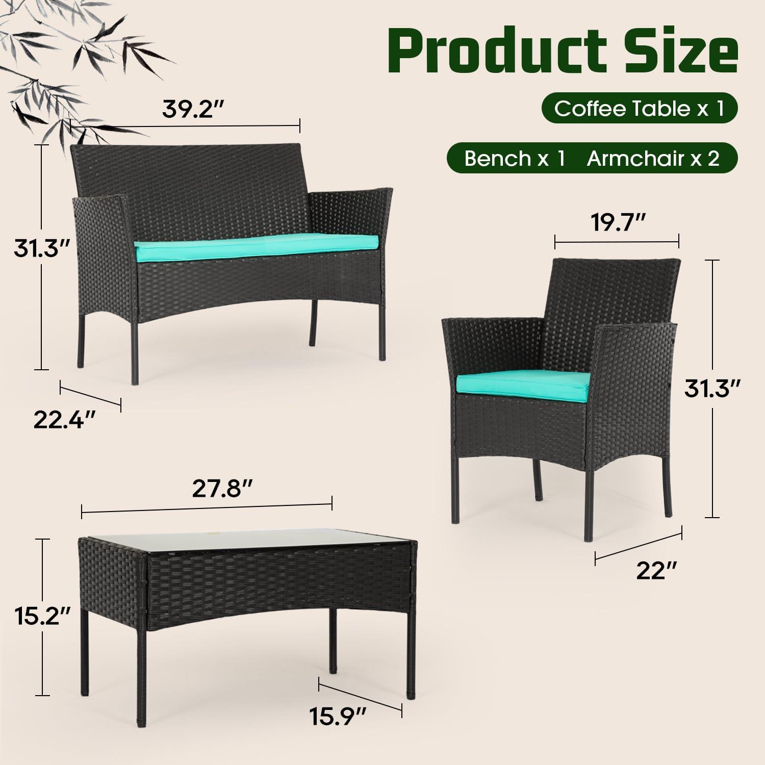 image:imageFDW 4Piece Patio Furniture Set Black Outdoor Wicker Furniture with Coffee Table Modern Rattan Chairs Conversation Set Outdoor Seating WeatherResistant for Porch Garden LawnBlue