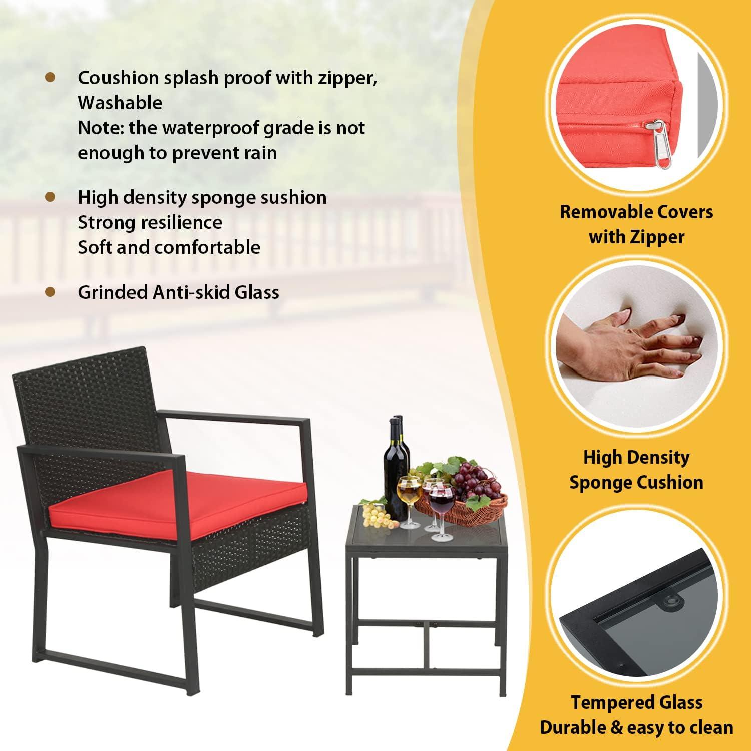 image:imageFDW 4Piece Patio Furniture Set Black Outdoor Wicker Furniture with Coffee Table Modern Rattan Chairs Conversation Set Outdoor Seating WeatherResistant for Porch Garden LawnRed