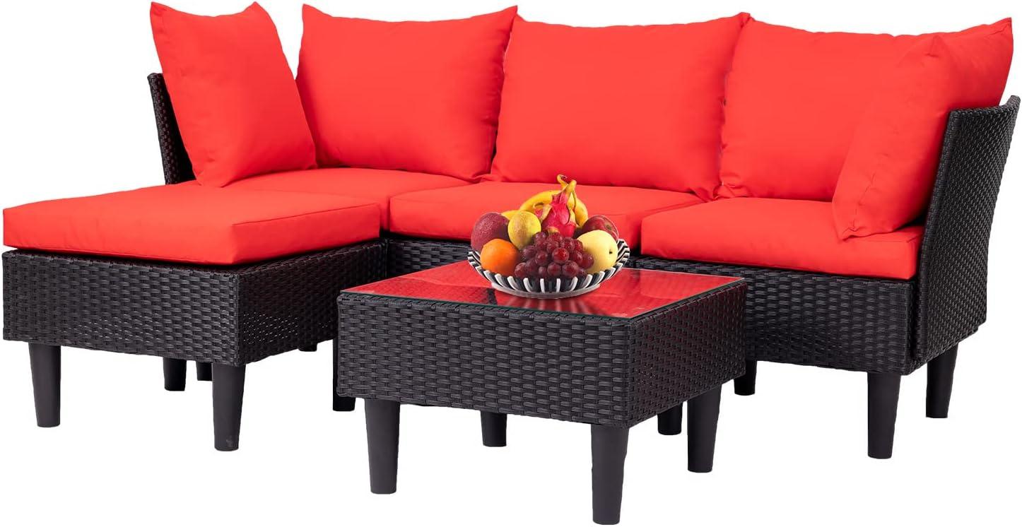 image:imageFDW 4Piece Patio Furniture Set Black Outdoor Wicker Furniture with Coffee Table Modern Rattan Chairs Conversation Set Outdoor Seating WeatherResistant for Porch Garden LawnRed
