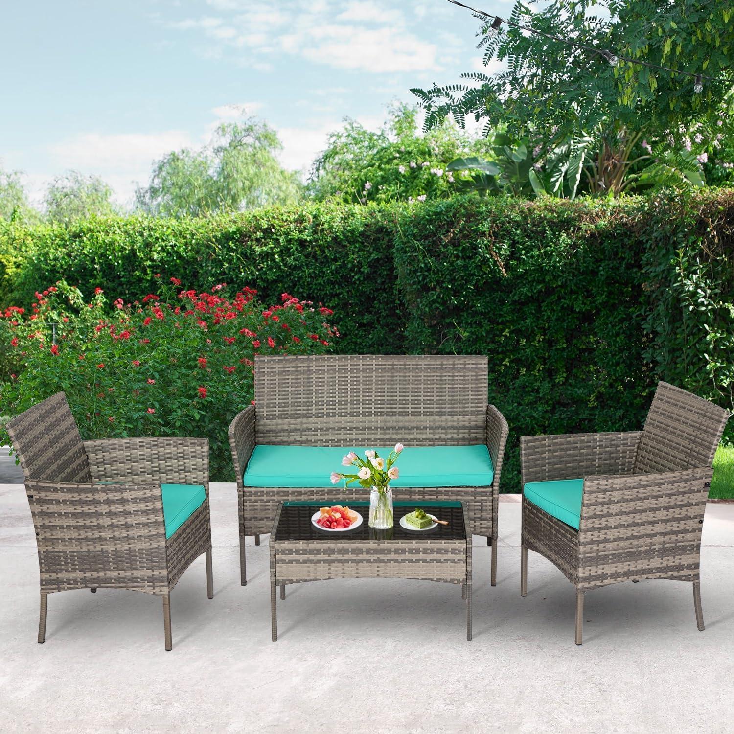 image:imageFDW 4Piece Patio Furniture Set Black Outdoor Wicker Furniture with Coffee Table Modern Rattan Chairs Conversation Set Outdoor Seating WeatherResistant for Porch Garden LawnGray and Blue