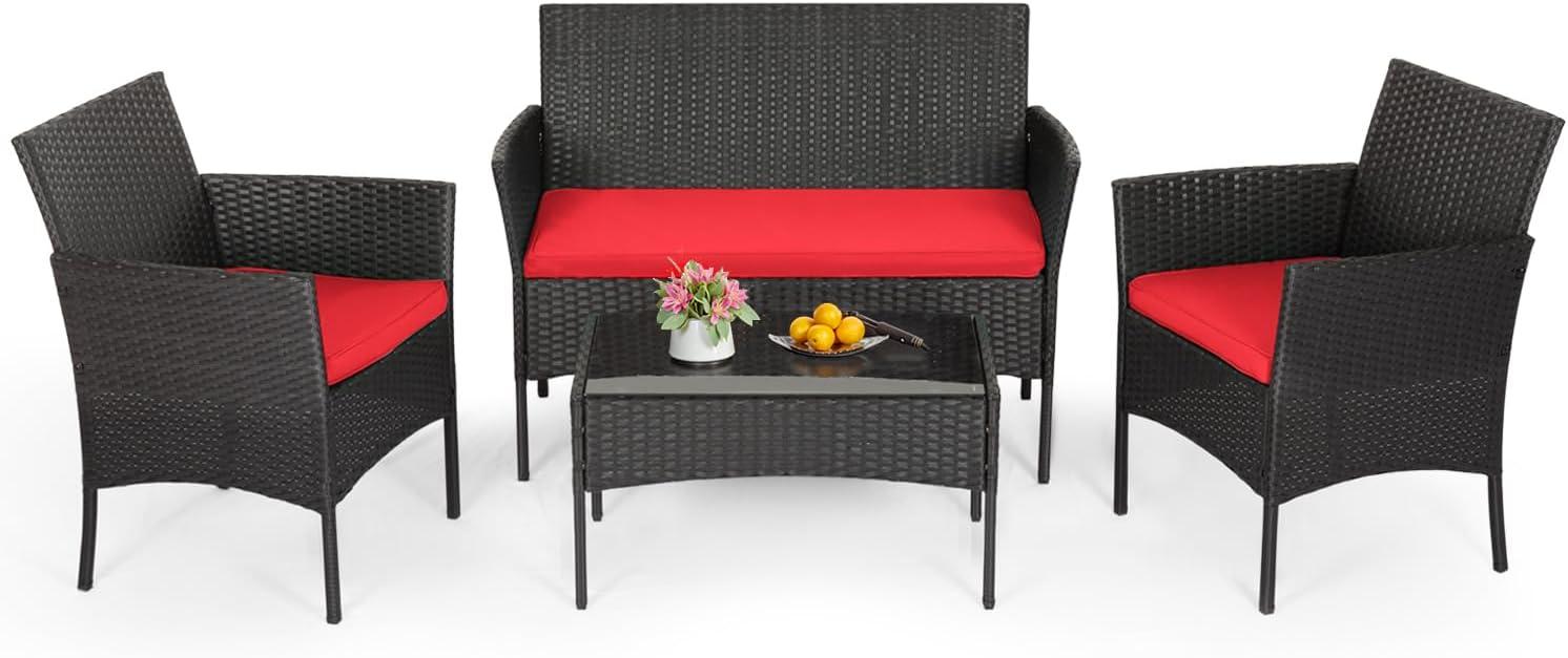 image:imageFDW 4Piece Patio Furniture Set Black Outdoor Wicker Furniture with Coffee Table Modern Rattan Chairs Conversation Set Outdoor Seating WeatherResistant for Porch Garden LawnRed