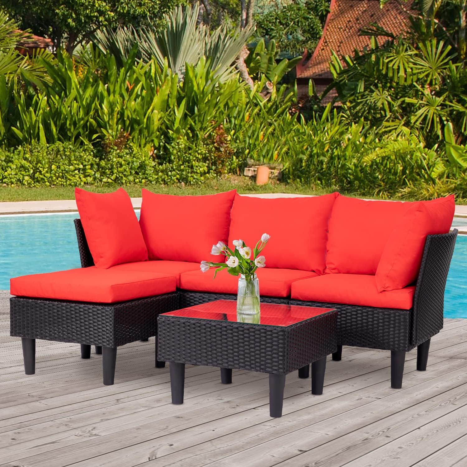 image:imageFDW 4Piece Patio Furniture Set Black Outdoor Wicker Furniture with Coffee Table Modern Rattan Chairs Conversation Set Outdoor Seating WeatherResistant for Porch Garden LawnRed