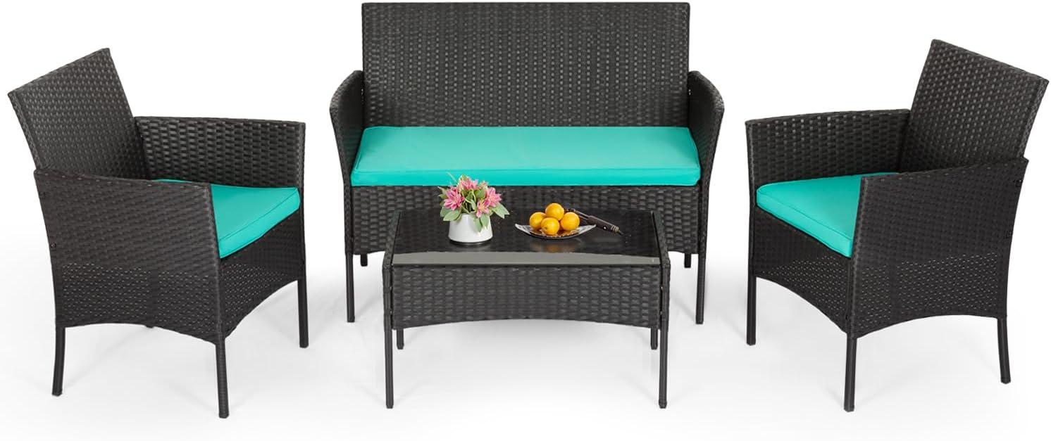 image:imageFDW 4Piece Patio Furniture Set Black Outdoor Wicker Furniture with Coffee Table Modern Rattan Chairs Conversation Set Outdoor Seating WeatherResistant for Porch Garden LawnBlue