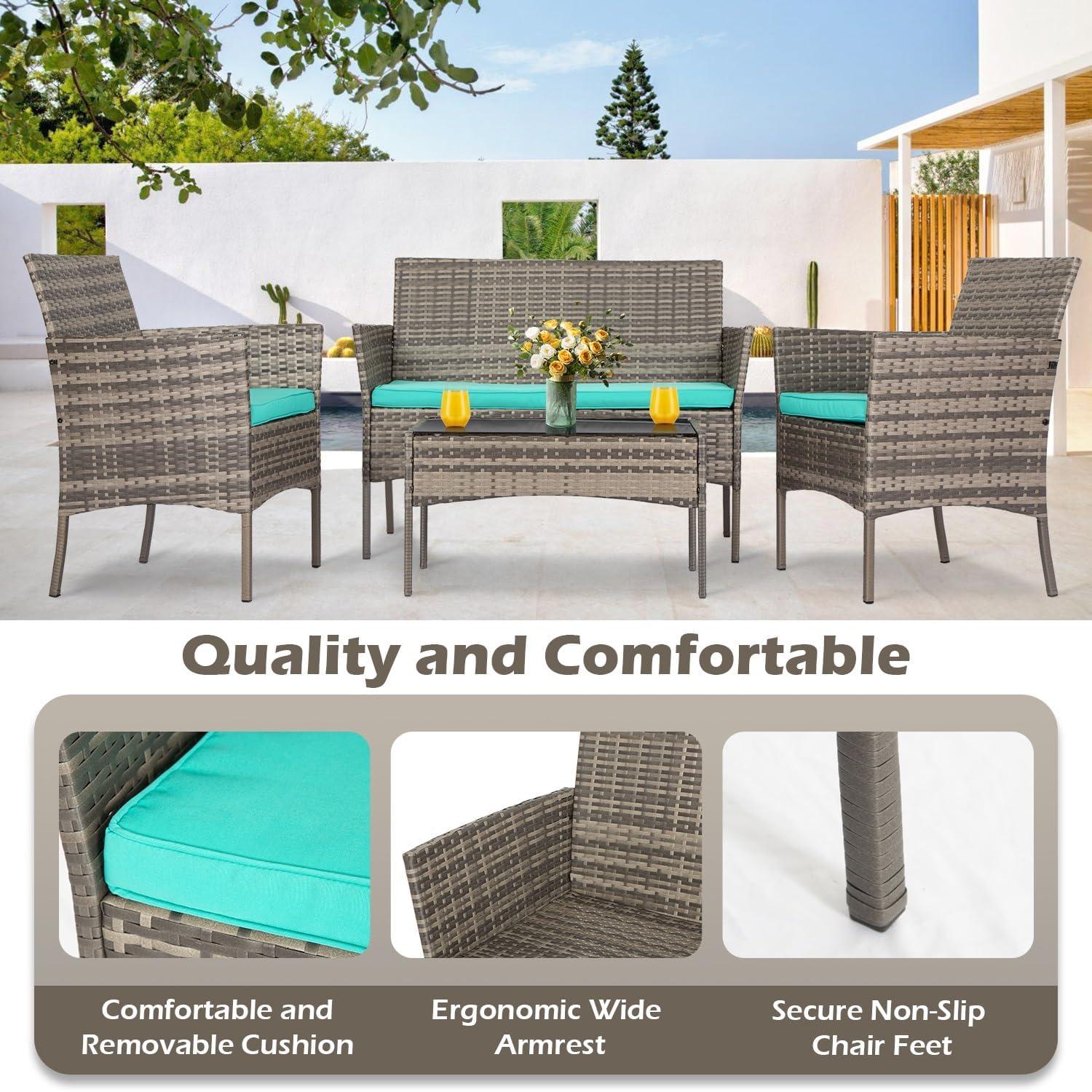 image:imageFDW 4Piece Patio Furniture Set Black Outdoor Wicker Furniture with Coffee Table Modern Rattan Chairs Conversation Set Outdoor Seating WeatherResistant for Porch Garden LawnGray and Blue