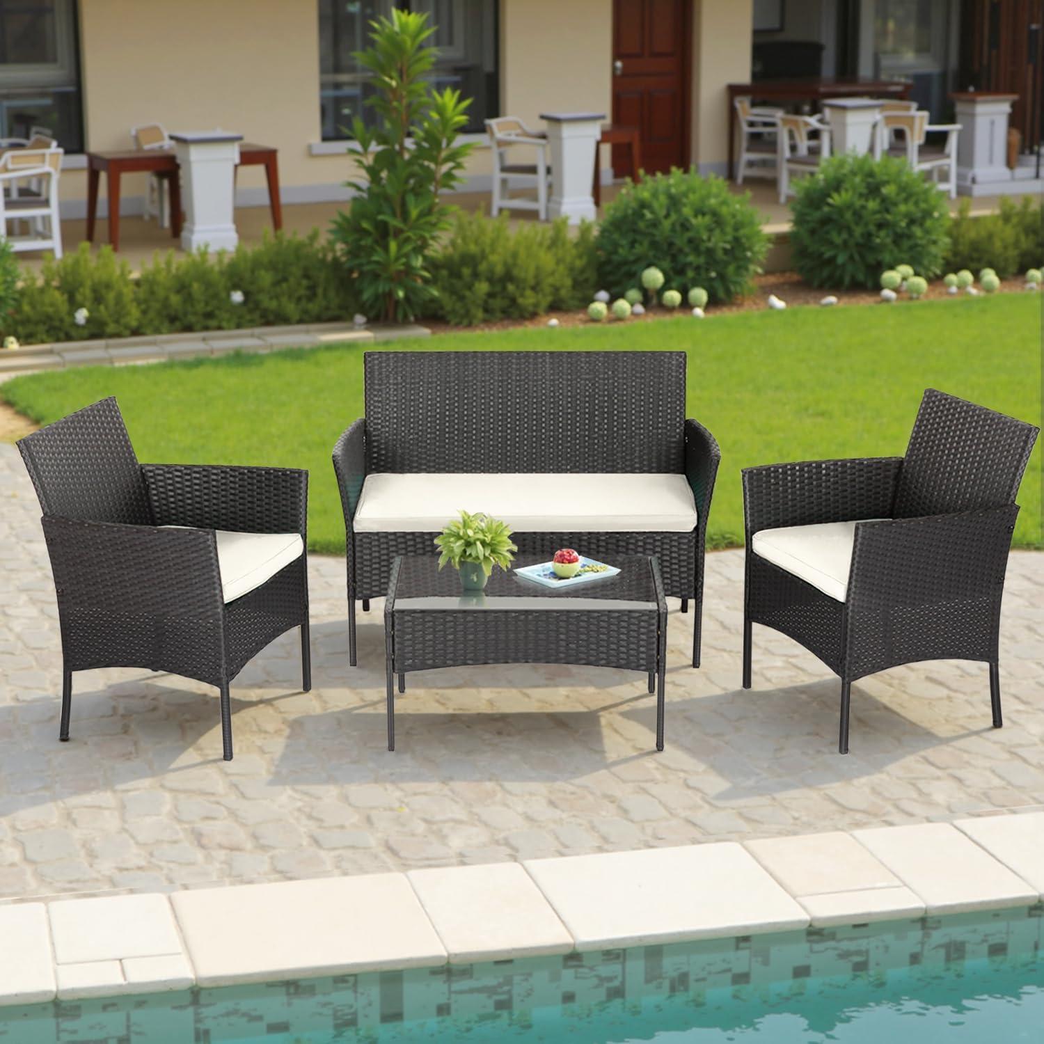 image:imageFDW 4Piece Patio Furniture Set Black Outdoor Wicker Furniture with Coffee Table Modern Rattan Chairs Conversation Set Outdoor Seating WeatherResistant for Porch Garden LawnBlack