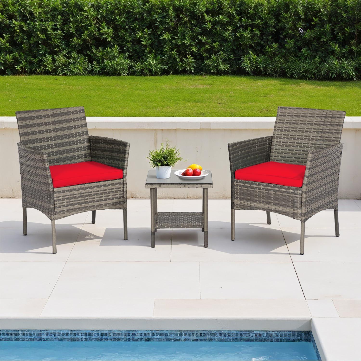 image:imageFDW 4Piece Patio Furniture Set Black Outdoor Wicker Furniture with Coffee Table Modern Rattan Chairs Conversation Set Outdoor Seating WeatherResistant for Porch Garden LawnGray and Red