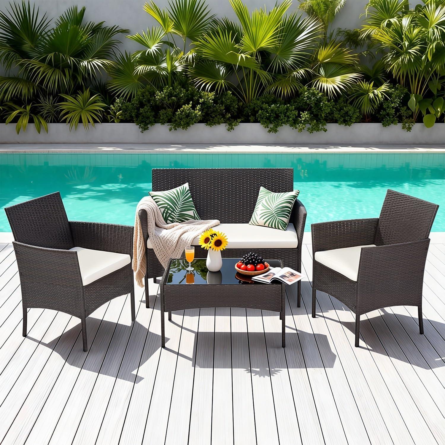 image:imageFDW 4Piece Patio Furniture Set Black Outdoor Wicker Furniture with Coffee Table Modern Rattan Chairs Conversation Set Outdoor Seating WeatherResistant for Porch Garden LawnBrown