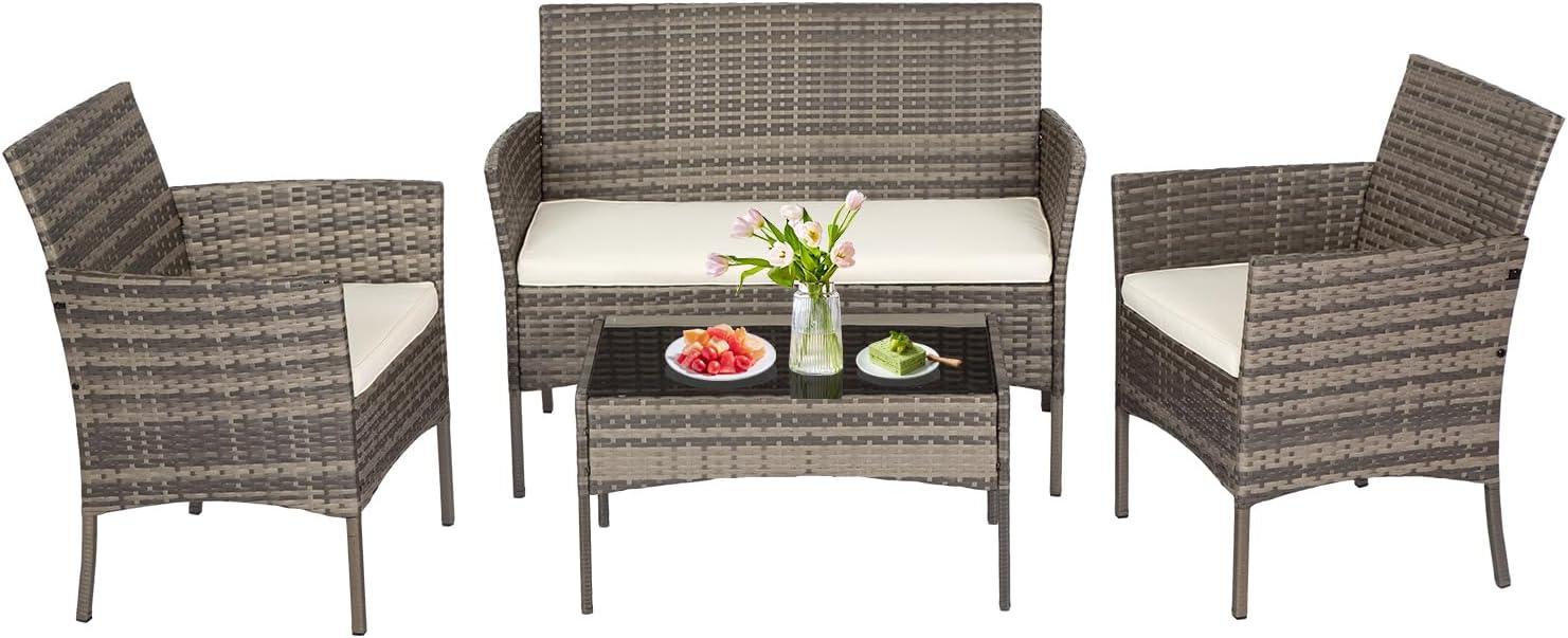 image:imageFDW 4Piece Patio Furniture Set Black Outdoor Wicker Furniture with Coffee Table Modern Rattan Chairs Conversation Set Outdoor Seating WeatherResistant for Porch Garden LawnGray and Khaki