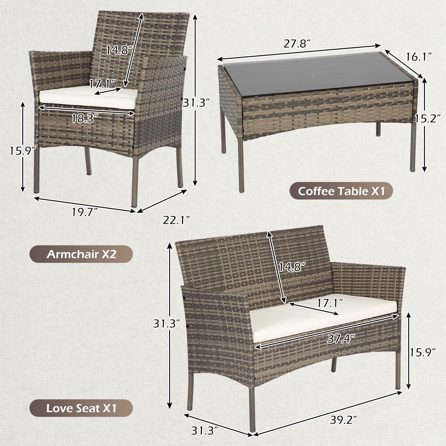 image:imageFDW 4Piece Patio Furniture Set Black Outdoor Wicker Furniture with Coffee Table Modern Rattan Chairs Conversation Set Outdoor Seating WeatherResistant for Porch Garden LawnGray and Khaki