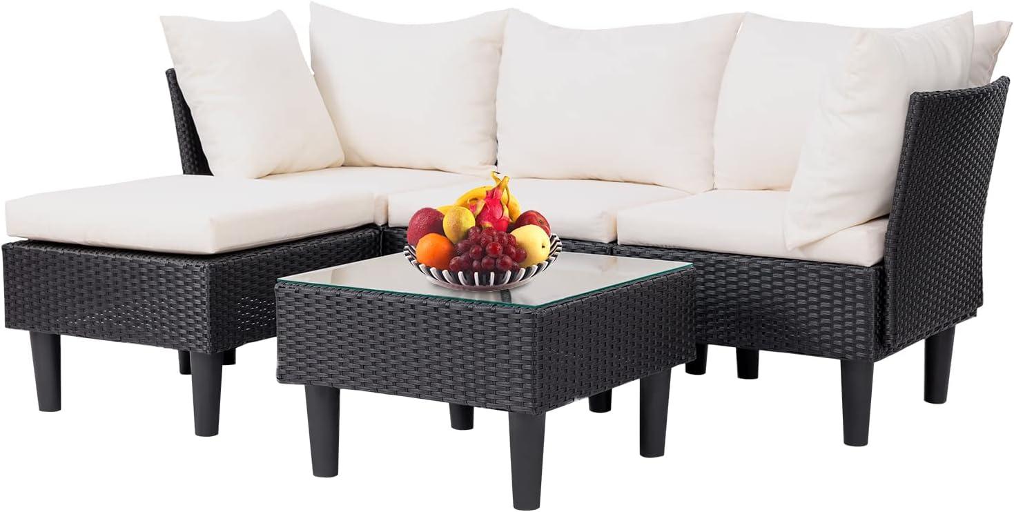 image:imageFDW 4Piece Patio Furniture Set Black Outdoor Wicker Furniture with Coffee Table Modern Rattan Chairs Conversation Set Outdoor Seating WeatherResistant for Porch Garden LawnKhaki